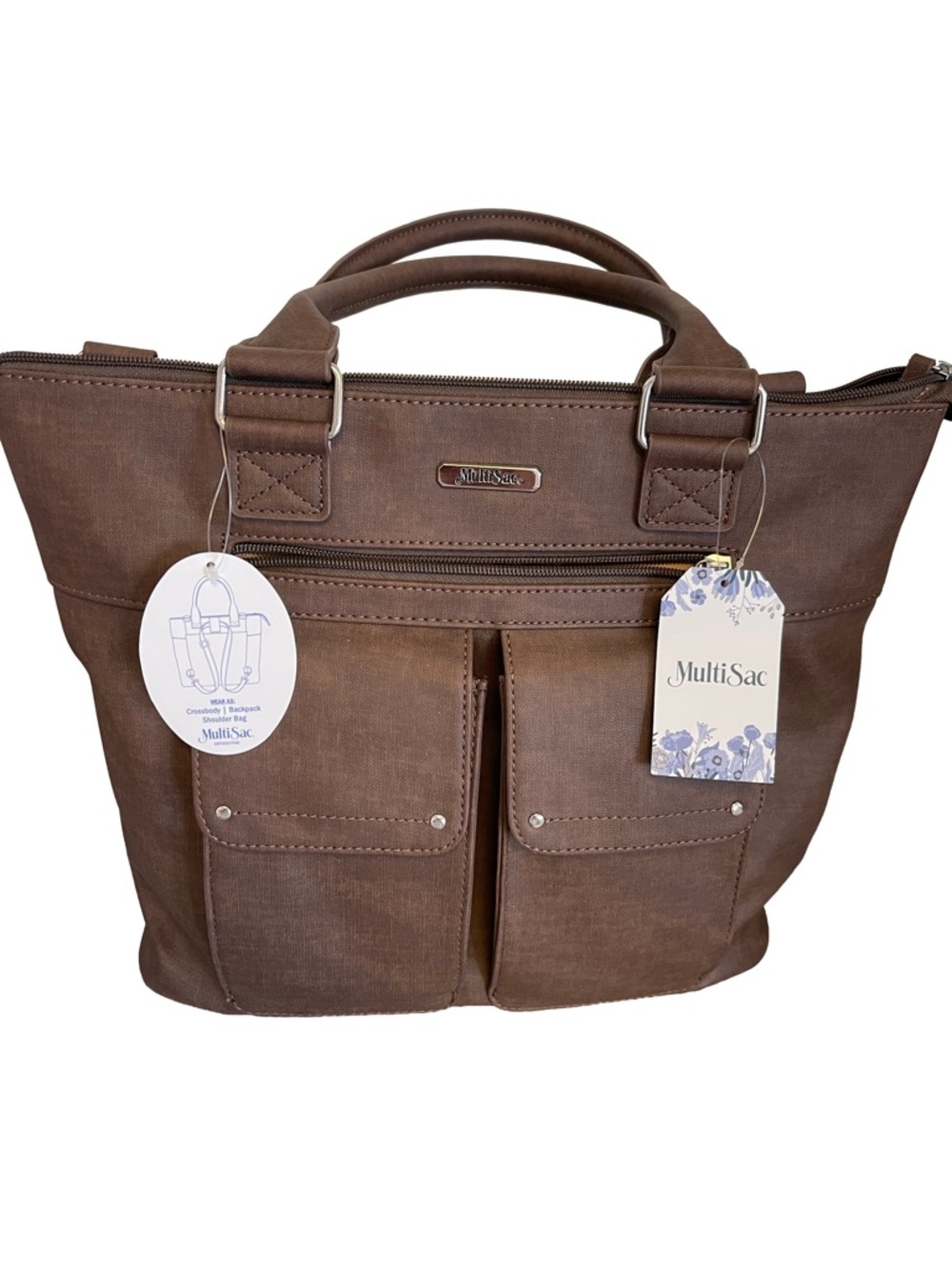 MultiSac Brown Shoulder, Crossbody Backpack Multi Function Faux Leather Bag NWT